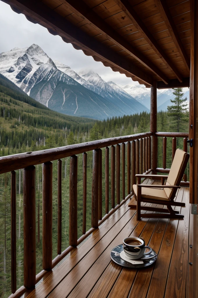 Cabin in the mountains in rainy weather with a cup of coffee 