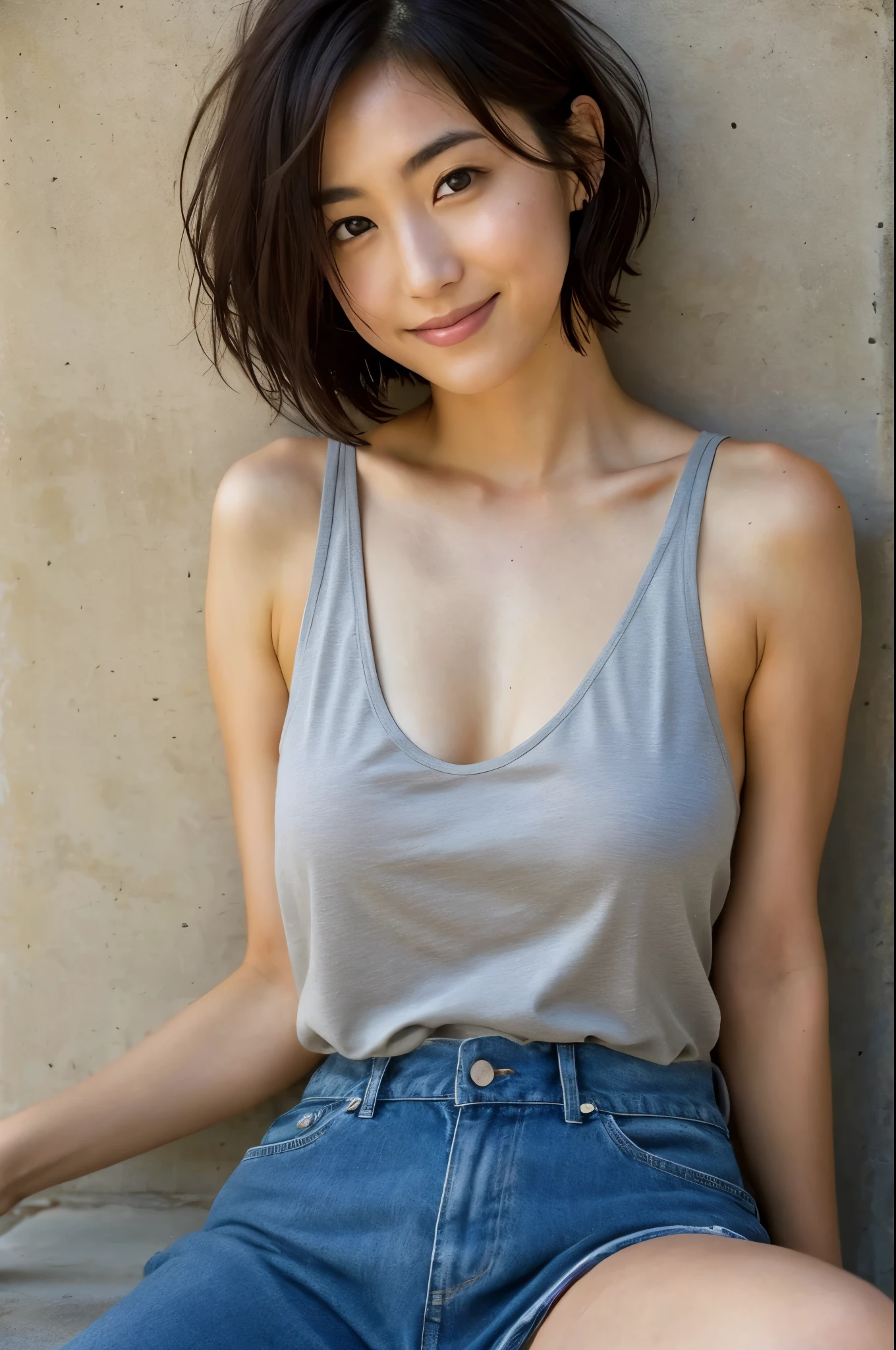 You are a professional photographer。future、Beautiful Eyes、 ((Highest quality)), Clear contours, Woman with beautiful face, (((One Girl,alone))), ((Beautiful Eyes)), Sex Appeal,Albedo and Specular Maps、Accurate simulation of lightweight material interactions、A woman wearing a tank top taking a photo, Light Smile、perfect body,Small Boobs,Yoshitomo Nara,Thighs、Short Hair、Nipple Shape