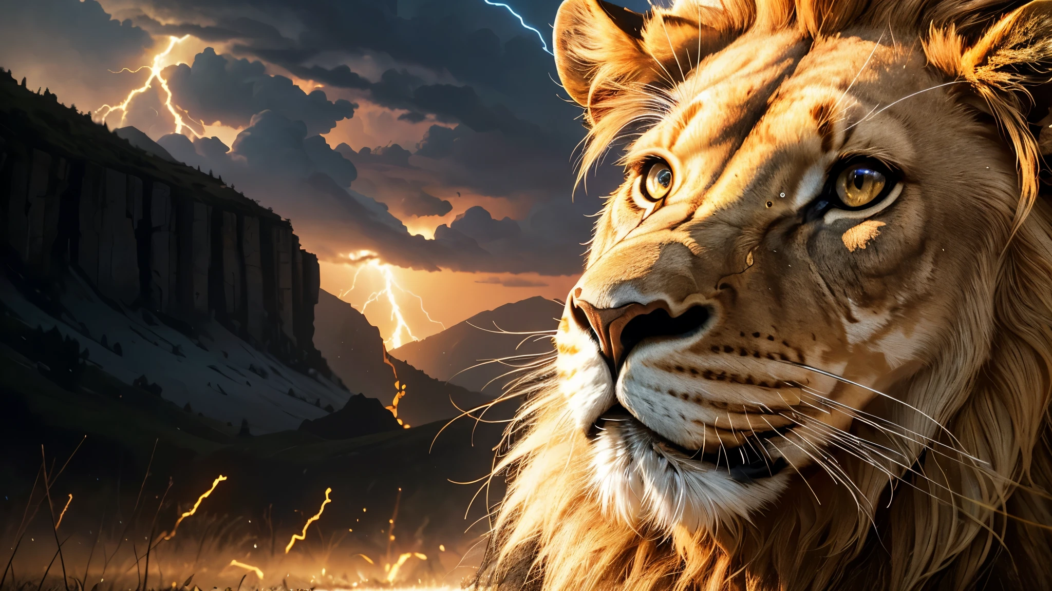 Lion, Divine Lion, natural, Thunder Azul, Realistic Lion, rey, realistic detailed, realistic detailed 16K, Eletricidade Detalhada 8K, Texturas realistas de 8K, Cores photorrealistic 8K, fire azul, realistic detailed Fire Bolt, Black and Blue Power, Power of Thunder, Realistic Divine, gold Crown, golden crown, Golden Crown, naturey, Linda, Rendering, photorrealistic, UltraHigh definition, 4K, detailed textures, Thunder, detailed shadows, detailed colors, neon blue, blue light, lightning strikes, blue power, naturey Linda, Great Divine, blue light, Thunder Azuls, King Crown, lightning strike, Electric Power Screw, detailed contrast, realistic contrast, high resolution, detailed colors, fire, villany, divine creature, 8K, realistic detailed, 16K, 8K, High definition, detailed contrast, realistic contrast, high resolution, detailed colors, fire, villany, divine creature, 8K Realistic Lion Face, realistic detailed, chic,