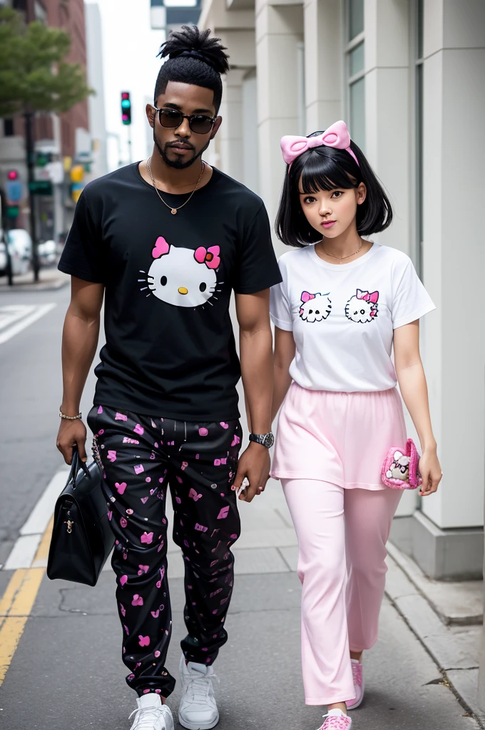 Black man wearing Hello Kitty pants, and white woman with black hair wearing a Hello Kitty dress 