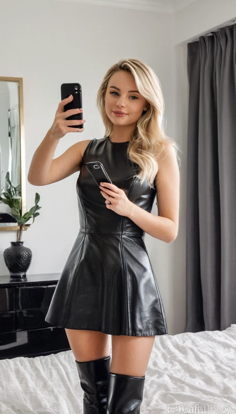 A selfie of a real blonde girl. She is standing in her bedroom. The bedroom is basic with white walls. She is taking the picture with her black iphone. She is wearing a normal black leather dress. She is wearing high heels. She has a beautiful body.