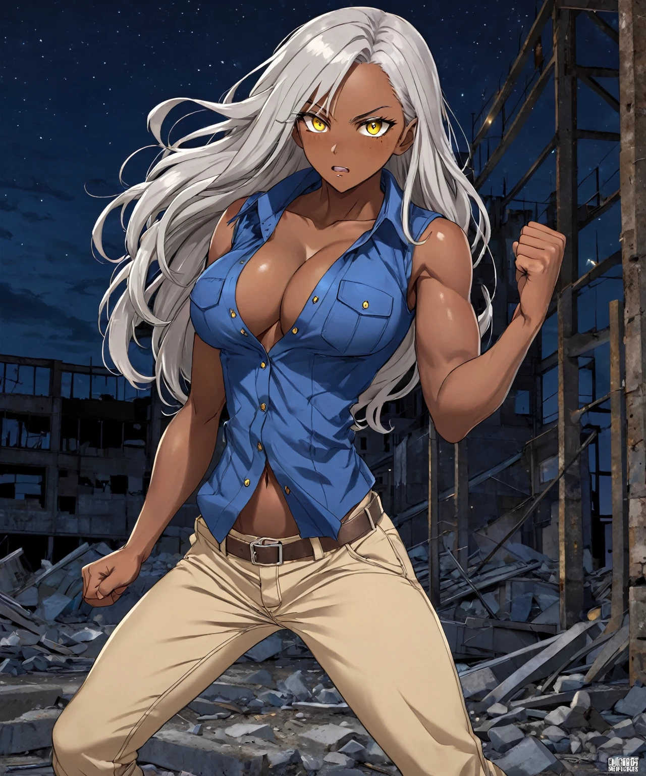 Brown skin beautiful sexy anime girl with long silver hair & yellow eyes & a muscular body, clenching her fists, fight idle pose, wearing blue sleeveless button up collared shirt & beige khaki pants, in a abandoned urban construction site at night time, 1girl