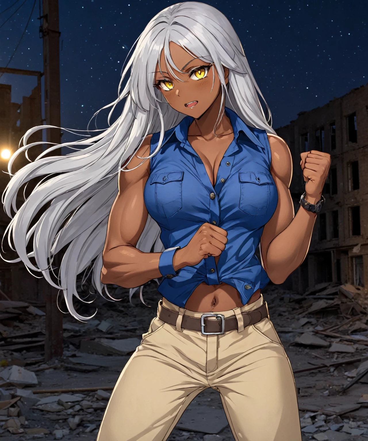 Brown skin beautiful sexy anime girl with long silver hair & yellow eyes & a muscular body, clenching her fists, fight idle pose, wearing blue sleeveless button up collared shirt & beige khaki pants, in a abandoned urban construction site at night time, 1girl