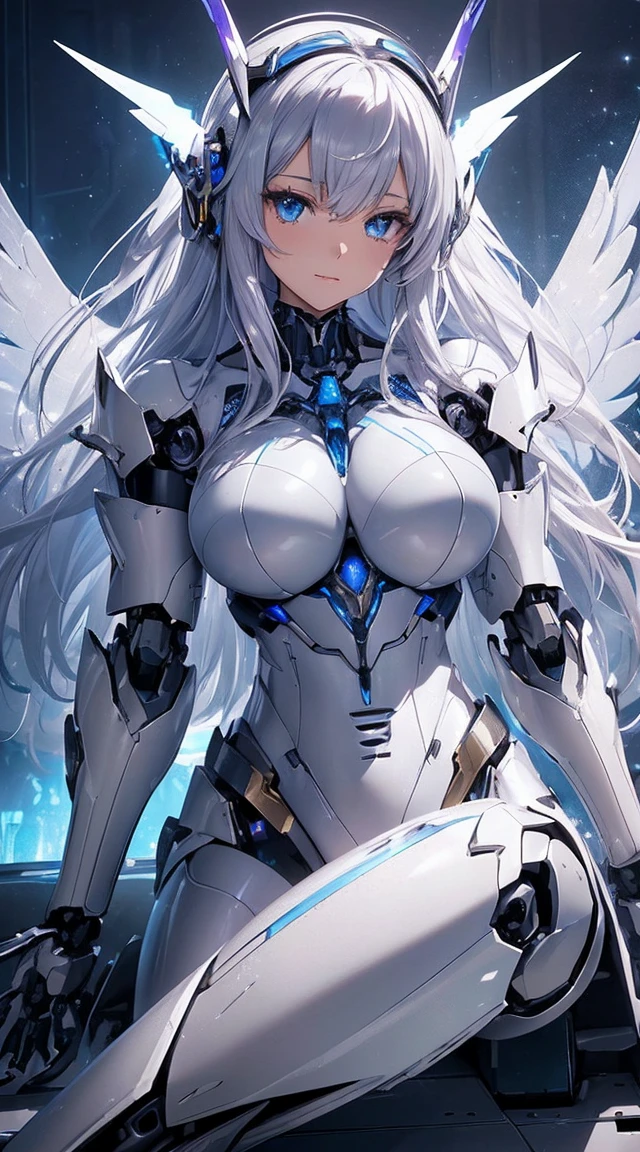 (Sit with one knee on the machine:1.6)、(Full body description:1.3)、((Shining lenses on both breasts:1.3))、((Blue pillars of light are emanating from both chests.:1.3))、smile、((8K)), ((32k)), ((Highest quality)), ((masterpiece)), ((超A high resolution)), ((Tmasterpiece)), ((Halation:1.4))、((Mechaニカルheadgear:1.2))、((Cyber Headphones:1.3))、Fine skin, High quality fabric, Fine metal texture、((Beautiful and dense face))、RAW Photos、Professional, Ultra-fine painting, ((alone)), Beautiful breasts、Highest quality, Very detailed, Very detailed詳細, Finer details, so beautiful, ((Princess Knight Robot:1.2)),  (Joints of machines, Mechanical Limbs:1.3), (The internal structure of the machine is exposed:1.3), (Long silver hair:1.1), (Beautiful and huge mechanical breasts)、White Veil, cowboy_shot, Side Focus, headgear, Shiny、(Five Fingers, Four fingers and thumb),Concept Art, Anime fantasy artwork, Detailed fantasy art, (with pale blue-violet hair and large white wings,,,,,,,), (((Long silver hair))), (Mecha:1.6)、Sleek and intimidating design, ((Commander-in-Chief&#39;arm)), (Perfect robot body)、純白と青紫armまたは, Symmetrical wings, 8K high quality, detailed art, 3D rendering of character art in 8K, neat legs, Defined, Defined fingers,