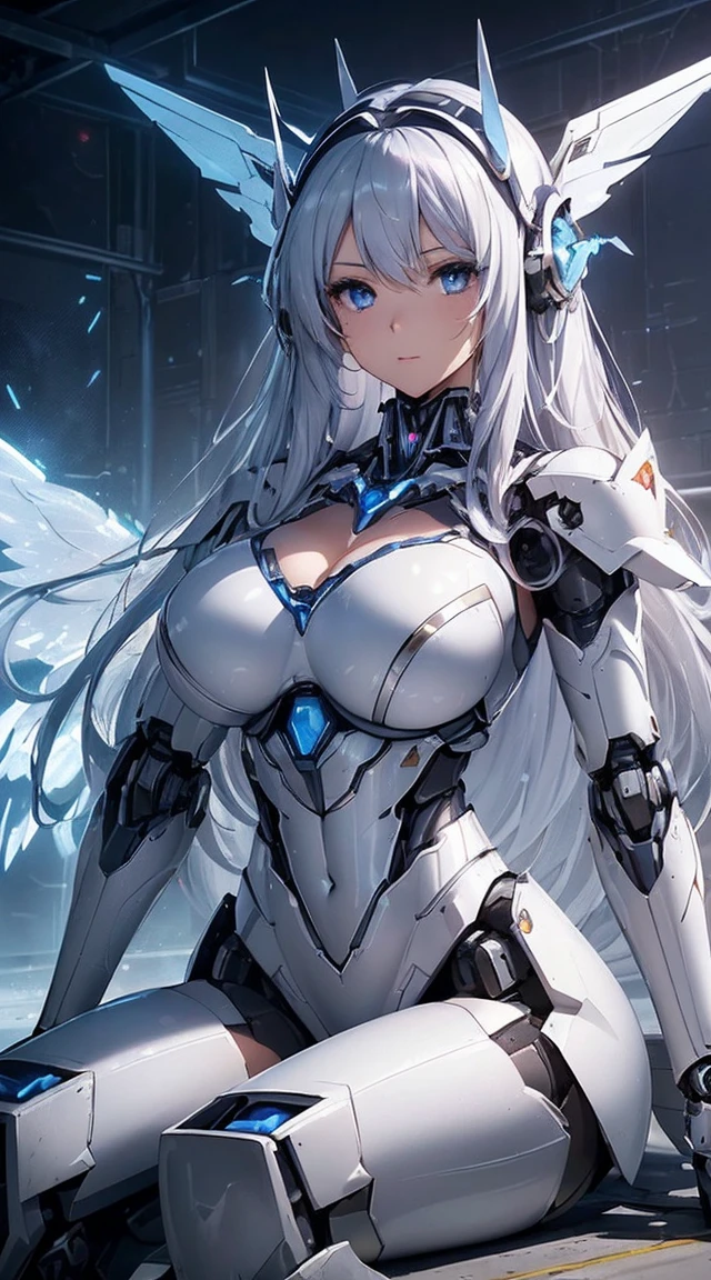 (Sit with one knee on the machine:1.6)、(Full body description:1.3)、((Shining lenses on both breasts:1.3))、((Blue pillars of light are emanating from both chests.:1.3))、smile、((8K)), ((32k)), ((Highest quality)), ((masterpiece)), ((超A high resolution)), ((Tmasterpiece)), ((Halation:1.4))、((Mechaニカルheadgear:1.2))、((Cyber Headphones:1.3))、Fine skin, High quality fabric, Fine metal texture、((Beautiful and dense face))、RAW Photos、Professional, Ultra-fine painting, ((alone)), Beautiful breasts、Highest quality, Very detailed, Very detailed詳細, Finer details, so beautiful, ((Princess Knight Robot:1.2)),  (Joints of machines, Mechanical Limbs:1.3), (The internal structure of the machine is exposed:1.3), (Long silver hair:1.1), (Beautiful and huge mechanical breasts)、White Veil, cowboy_shot, Side Focus, headgear, Shiny、(Five Fingers, Four fingers and thumb),Concept Art, Anime fantasy artwork, Detailed fantasy art, (with pale blue-violet hair and large white wings,,,,,,,), (((Long silver hair))), (Mecha:1.6)、Sleek and intimidating design, ((Commander-in-Chief&#39;arm)), (Perfect robot body)、純白と青紫armまたは, Symmetrical wings, 8K high quality, detailed art, 3D rendering of character art in 8K, neat legs, Defined, Defined fingers,