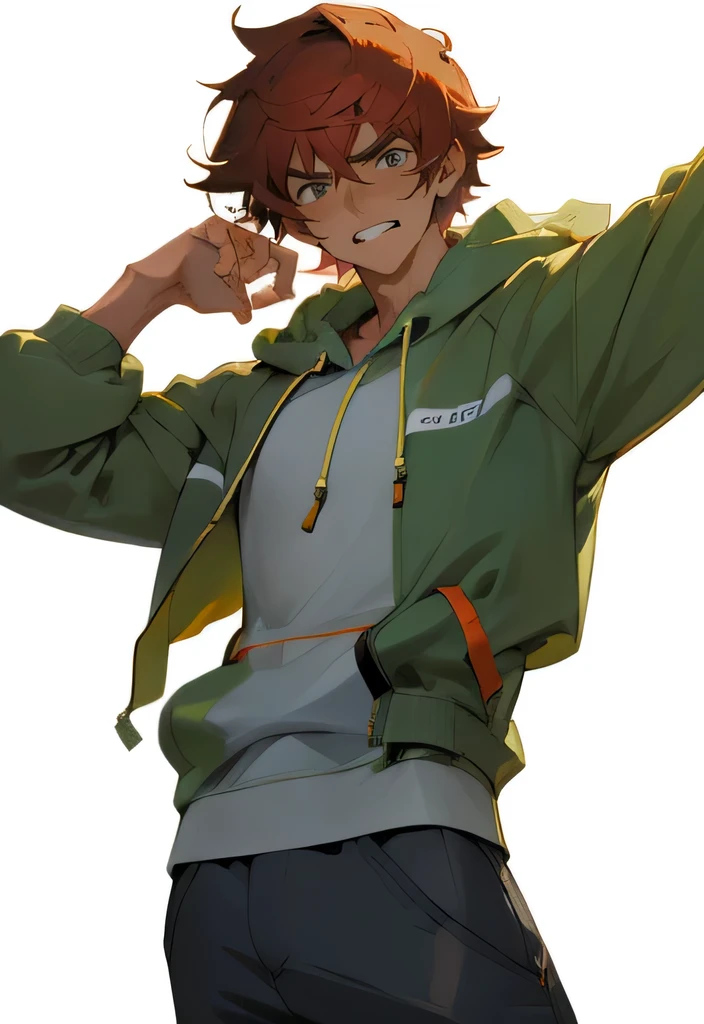 ((masterpiece)), (best quality), (absurdres), (photorealistic:1.4), 1girl, handsome girl, guyish ((flat body)) auburn red hair, , hoodie with motor sports jacket , (tanned skin, tanned male skin), bangs, green eyes, , very short messy boy cut hair, smile, grin, :D, longer face, shirt with hoodie on top, back pants