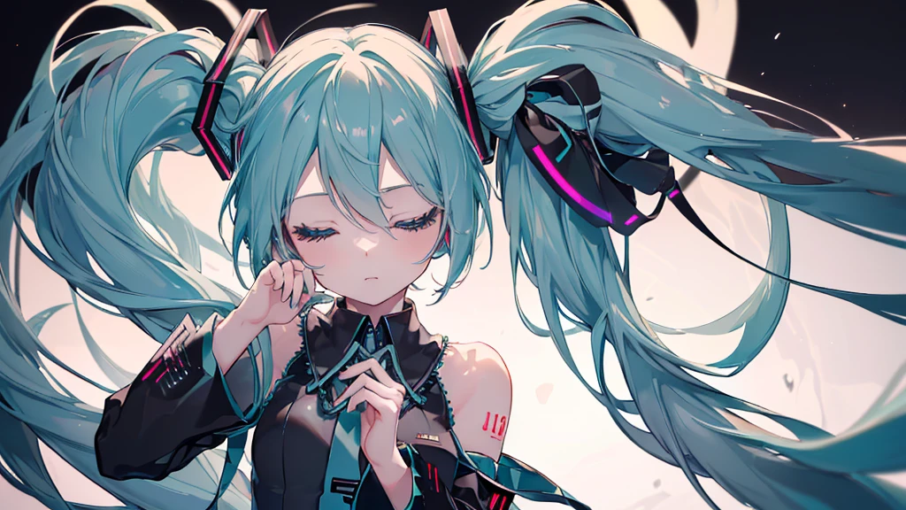 ((Black background)), (Eyes closed)), (((Hatsune Miku))), (((Highest quality、masterpiece、Ultra-fine、Ultra-fine、Exquisite、16K、Full HD,high school girl,))) 、Dark Eyes、Long eyelashes、White skin、(thin and long)、 ((cute)) ((One person)) 、