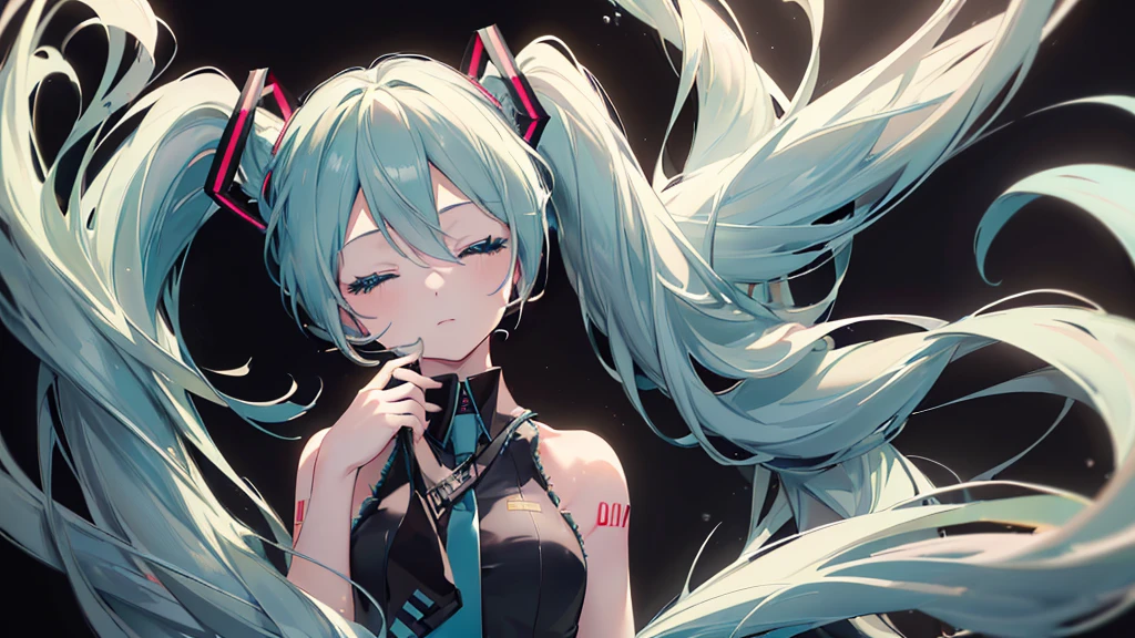 ((Black background)), (Eyes closed)), (((Hatsune Miku))), (((Highest quality、masterpiece、Ultra-fine、Ultra-fine、Exquisite、16K、Full HD,high school girl,))) 、Dark Eyes、Long eyelashes、White skin、(thin and long)、 ((cute)) ((One person)) 、