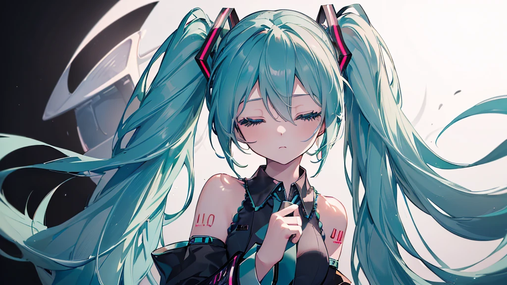 ((Black background)), (Eyes closed)), (((Hatsune Miku))), (((Highest quality、masterpiece、Ultra-fine、Ultra-fine、Exquisite、16K、Full HD,high school girl,))) 、Dark Eyes、Long eyelashes、White skin、(thin and long)、 ((cute)) ((One person)) 、