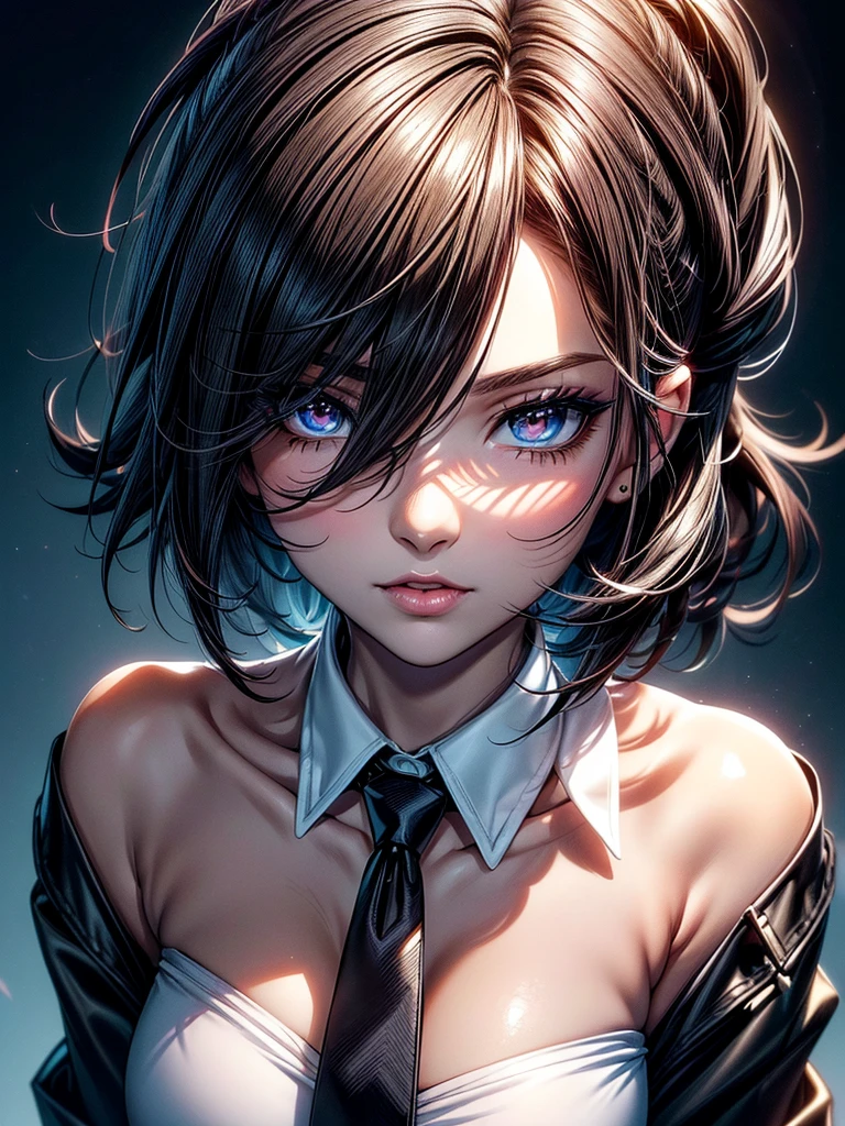 (masterpiece)(8k)(cute)(25-year old woman)(1girl:1.5)(solo:1.8)(facial close-up:1.3)(from above:1.2)(wild hair:1.3)(short hair:1.3)(black brown hair)(shiny hair:1.2)(hair over one eye:1.5)(hairbun:1.2)(flat chest:1.3)(black pupils:1.4)(glossy skin:1.4)(glossy lips)(dark, glossy eye-shadow:1.5)(dark eyelashes:1.4)(white office shirt:1.6)(long black necktie:1.4)(piercing:1.2)(seductive pose:1.3)(city night:1.2) rossdraws pastel vibrant, rossdraws cartoon vibrant, style anime 8k, beautiful portrait, artgerm colorful!!!, ! dream artgerm, beautiful anime girl, styled digital art, art wallpaper 8k, digital art, extremely detailed artgerm,