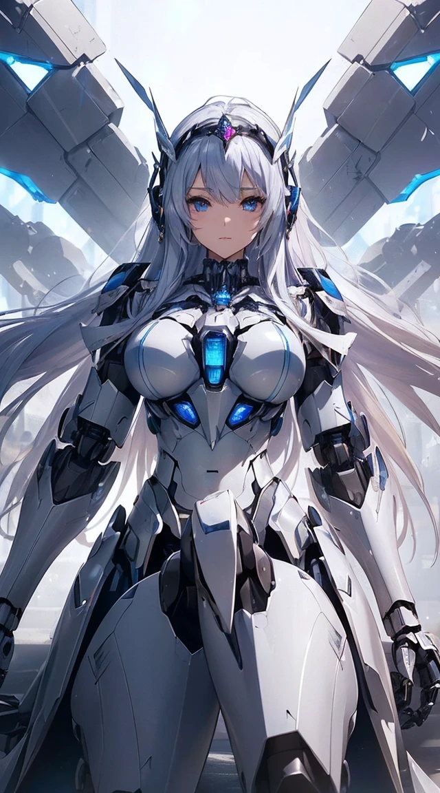 (Sit with one knee on the machine:1.6)、(Full body description:1.3)、((Shining lenses on both breasts:1.3))、((Blue pillars of light are emanating from both chests.:1.3))、smile、((8K)), ((32k)), ((Highest quality)), ((masterpiece)), ((超A high resolution)), ((Tmasterpiece)), ((Halation:1.4))、((Mechaニカルheadgear:1.2))、((Cyber Headphones:1.3))、Fine skin, High quality fabric, Fine metal texture、((Beautiful and dense face))、RAW Photos、Professional, Ultra-fine painting, ((alone)), Beautiful breasts、Highest quality, Very detailed, Very detailed詳細, Finer details, so beautiful, ((Princess Knight Robot:1.2)), (Joints of machines, Mechanical Limbs:1.3), (The internal structure of the machine is exposed:1.3), (Long silver hair:1.1), (Beautiful and huge mechanical breasts)、White Veil, cowboy_shot, Side Focus, headgear, Shiny、(Five Fingers, Four fingers and thumb),Concept Art, Anime fantasy artwork, Detailed fantasy art, (with pale blue-violet hair and large white wings,,,,,,,), (((Long silver hair))), (Mecha:1.6)、Sleek and intimidating design, ((Commander-in-Chief'arm)), (Perfect robot body)、純白と青紫armまたは, Symmetrical wings, 8K high quality, detailed art, 3D rendering of character art in 8K, neat legs, Defined, Defined fingers,