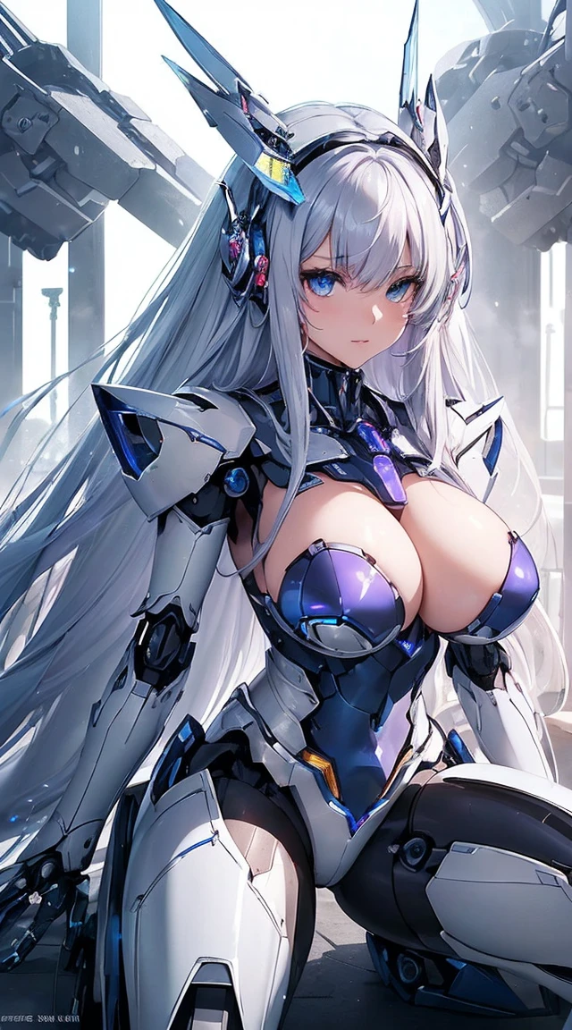 (Sit with one knee on the machine:1.6)、(Full body description:1.3)、((Shining lenses on both breasts:1.3))、((Blue pillars of light are emanating from both chests.:1.3))、smile、((8K)), ((32k)), ((Highest quality)), ((masterpiece)), ((超A high resolution)), ((Tmasterpiece)), ((Halation:1.4))、((Mechaニカルheadgear:1.2))、((Cyber Headphones:1.3))、Fine skin, High quality fabric, Fine metal texture、((Beautiful and dense face))、RAW Photos、Professional, Ultra-fine painting, ((alone)), Beautiful breasts、Highest quality, Very detailed, Very detailed詳細, Finer details, so beautiful, ((Princess Knight Robot:1.2)), (Joints of machines, Mechanical Limbs:1.3), (The internal structure of the machine is exposed:1.3), (Long silver hair:1.1), (Beautiful and huge mechanical breasts)、White Veil, cowboy_shot, Side Focus, headgear, Shiny、(Five Fingers, Four fingers and thumb),Concept Art, Anime fantasy artwork, Detailed fantasy art, (with pale blue-violet hair and large white wings,,,,,,,), (((Long silver hair))), (Mecha:1.6)、Sleek and intimidating design, ((Commander-in-Chief'arm)), (Perfect robot body)、純白と青紫armまたは, Symmetrical wings, 8K high quality, detailed art, 3D rendering of character art in 8K, neat legs, Defined, Defined fingers,