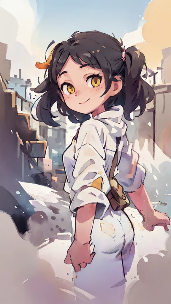 ((best quality, masterpiece)),
One girl, black messy hair, white on background, yellow eyes, 16 years old, happy,