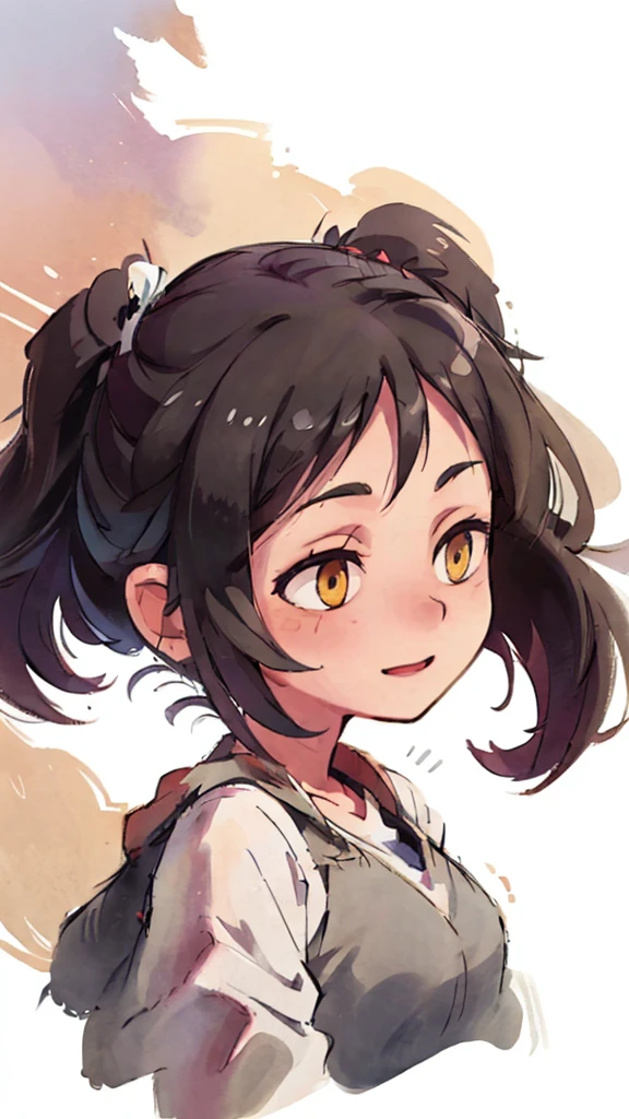 ((best quality, masterpiece)), 
One girl, black messy hair, white on background, yellow eyes, 16 years old, happy,
