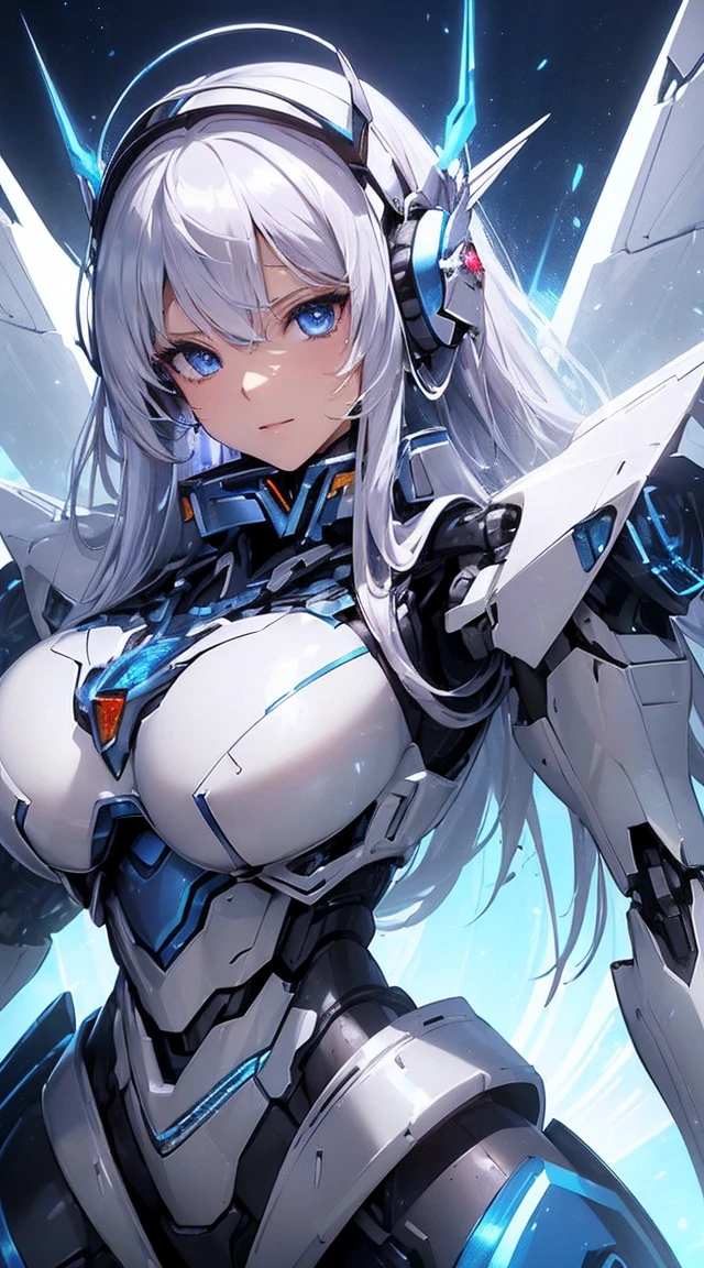 ((Extreme close up:1.6))、(((Lenses shining on both breasts:1.3)))、((Blue pillars of light radiate from both of his chests..:1.3))、break、(((Dynamic pose:1.8)))、smile、((8K)), ((32k)), ((Highest quality)), ((masterpiece)), ((超A high resolution)), ((Tmasterpiece)), ((Halation:1.4))、((Mechaニカルheadgear:1.2))、((Cyber Headphones:1.3))Fine skin, High quality fabric, High-quality metal texture、((Beautiful and dense face))、RAW Photos、Professional, Ultra-fine painting, ((alone)), Beautiful breasts、Highest quality, Very detailed, Very detailed詳細, Finer details, so beautiful, ((Princess Knight Robot:1.2)), (Joint of the machine, Mechanical Limbs:1.3), (The internal structure of the machine is exposed:1.3), (Long silver hair:1.1), (Beautiful and huge mechanical breasts)、White Veil, cowboy_shot, Side Focus, headgear, Shiny、(Five Fingers, Four fingers and thumb),Concept Art, Anime fantasy artwork, Detailed fantasy art, (with pale blue-violet hair and large white wings,,,,,,,,), (((Long silver hair))), (Mecha:1.6)、Sleek and intimidating design, ((Commander-in-Chief'arm)), (Perfect robot body)、純白と青紫のarmまたは, Symmetrical wings, 8K High Resolution, Detailed Art, 3D rendering of character art in 8K, neat legs, Defined, Defined fingers,((headshot:1.3))