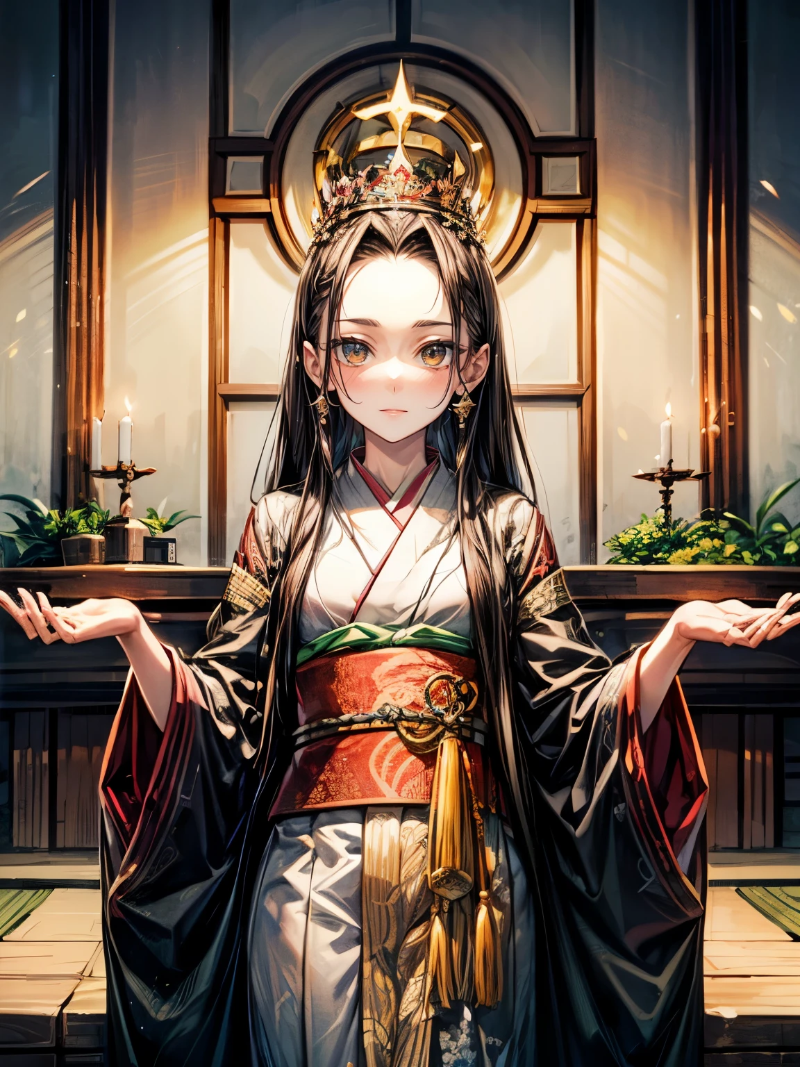 Himiko, ancient Japan, queen, shaman,((Forehead hai)),,long black hair, deep brown eyes, sumptuous attire, crown, sacred altar,regal expression,Stand up,Smile,yellow eyes