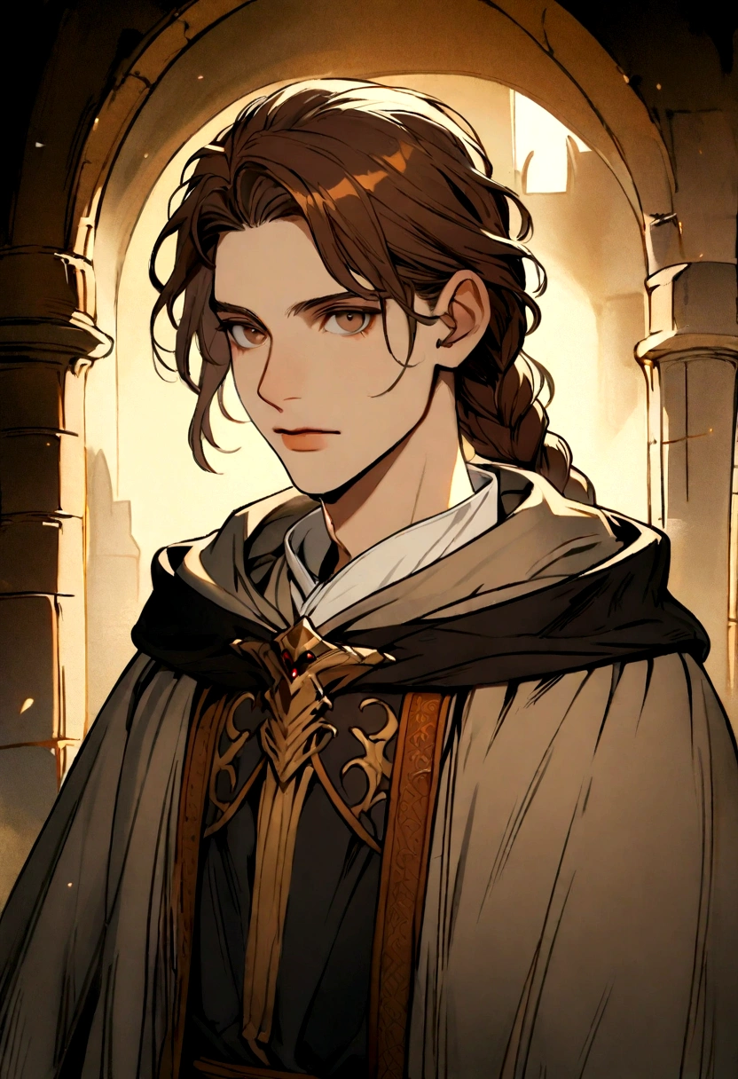 portrait art, young man in robe, scholar, brown hair with waist-length braid, no beard, medieval era fantasy