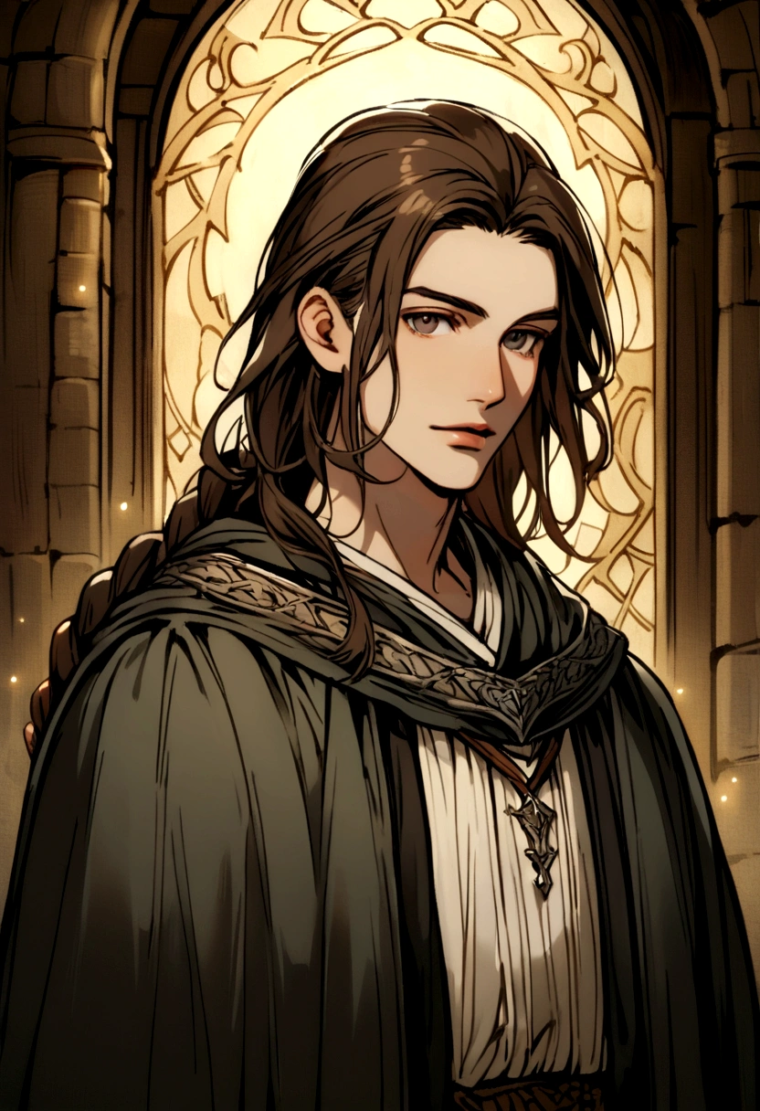 portrait art, young man in robe, scholar, brown hair with waist-length braid, no beard, medieval era fantasy