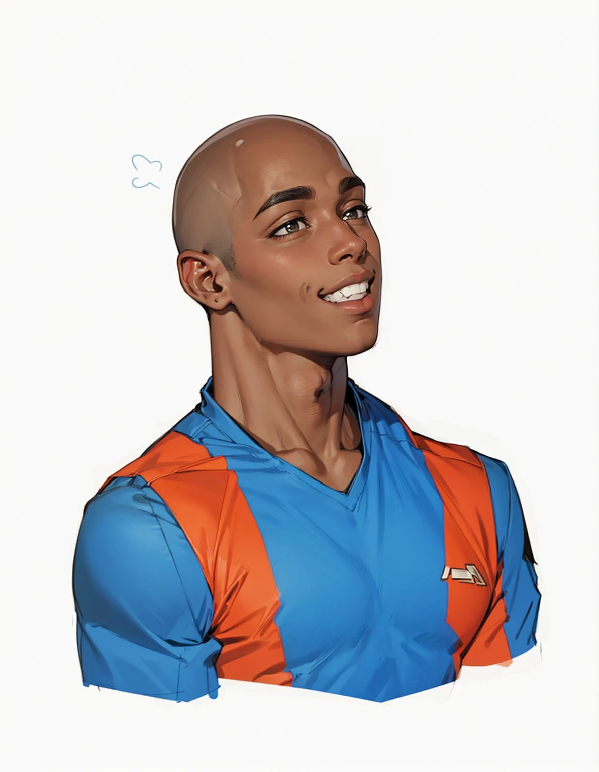 black boy 19 years old very handsome beautiful face (looking to the side with a mischievous smile ) bald defined muscles) wearing team uniform