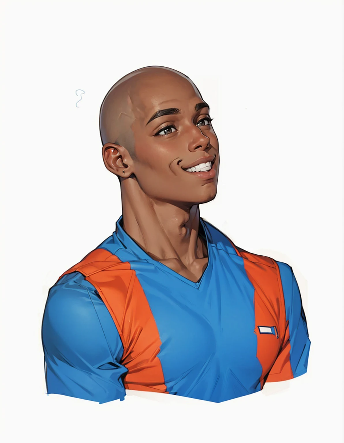 black boy 19 years old very handsome beautiful face (looking to the side with a mischievous smile ) bald defined muscles) wearing team uniform