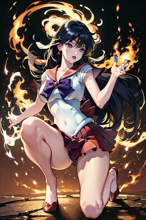 (Highly detailed CG Unity 8k wallpaper), (masterpiece), (Highest quality), (Super detailed), (Best illustrations), (Best Shadow), (Absurd), (Highly detailed CG Unity 8k wallpaper), Break Girl, Mid-chest, Detailed hands, Sailor Mars,I'm injured、On one knee、Crippling、The costume is torn、Bleeding、enduring pain、Hands tied、engulfed in flames