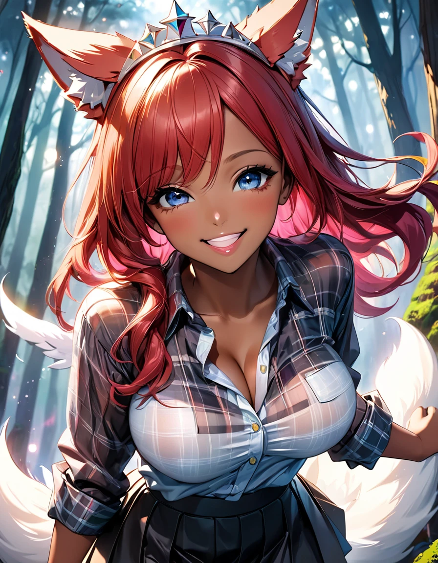 High angle view of an exuberant girl sexy big tits decote atraente Pamela Anderson com asas Angel pink neon brilhantes, her espetado com gel cut orange hair adorned with shiny bangs and eyes sparkling with diamonds magic, smile revealing the joy of her soul, wearing a flannel shirt and skirt, her head crowned with playful wolf ears, standing amidst an enchantingly mystical forest, envision this scene as anime created in the style of a digital oil painting, lights gently seeping through the cinematic mist and splayed across this eth
