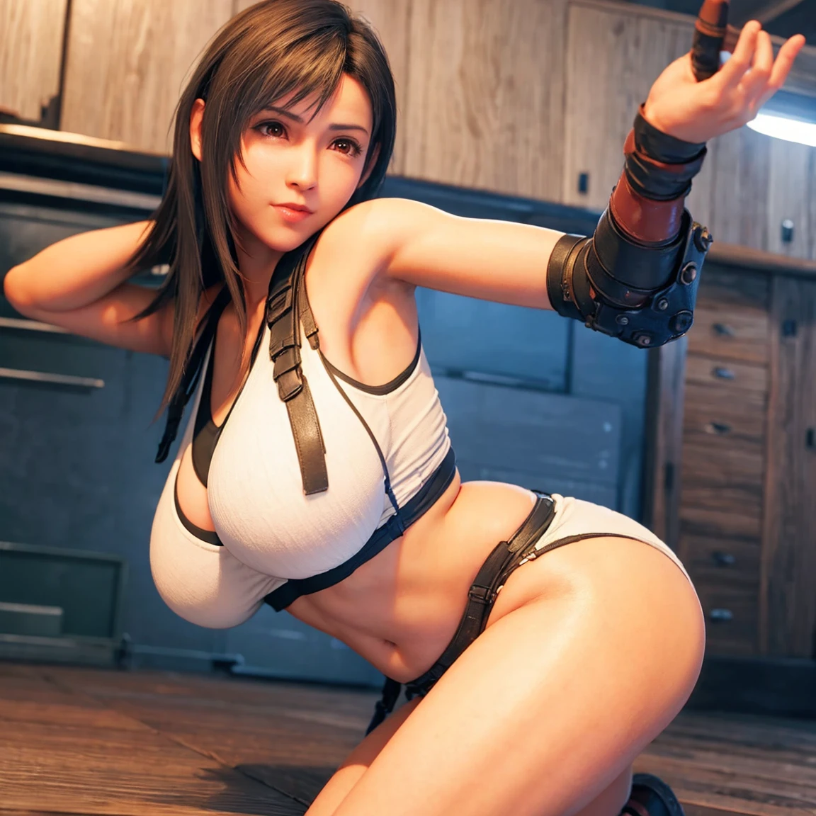 Tifa naked, whole body, pose sensual, round ass, big breasts and light brown eyes. 8k, Best Quality, masterpiece 1.2