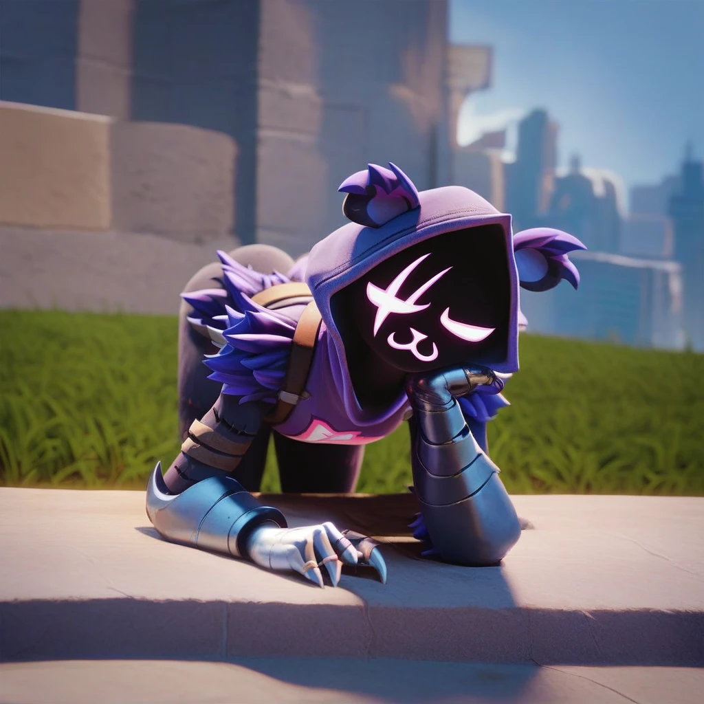 Raven team leader,purple hoodie, with no face, shadowed face, animal ears,purple skin, scar on eye, body skin, purple fur, waist belt, torso symbol, metal gloves, pointing your ass at the viewer, leaning forward, pushing, she closes her eyes, hands resting on top of a small wall, arms on top of a wall with her eyes closed, expression of force. scenery and a sunny day