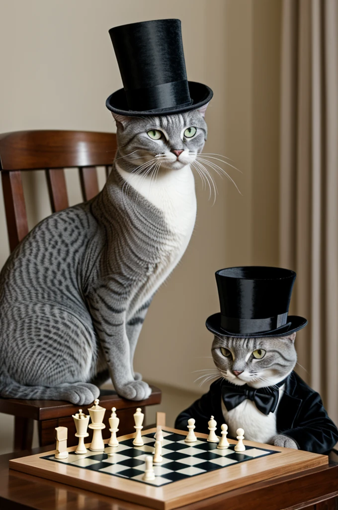 Gray cat with top hat and black bow jutni a duck playing chess