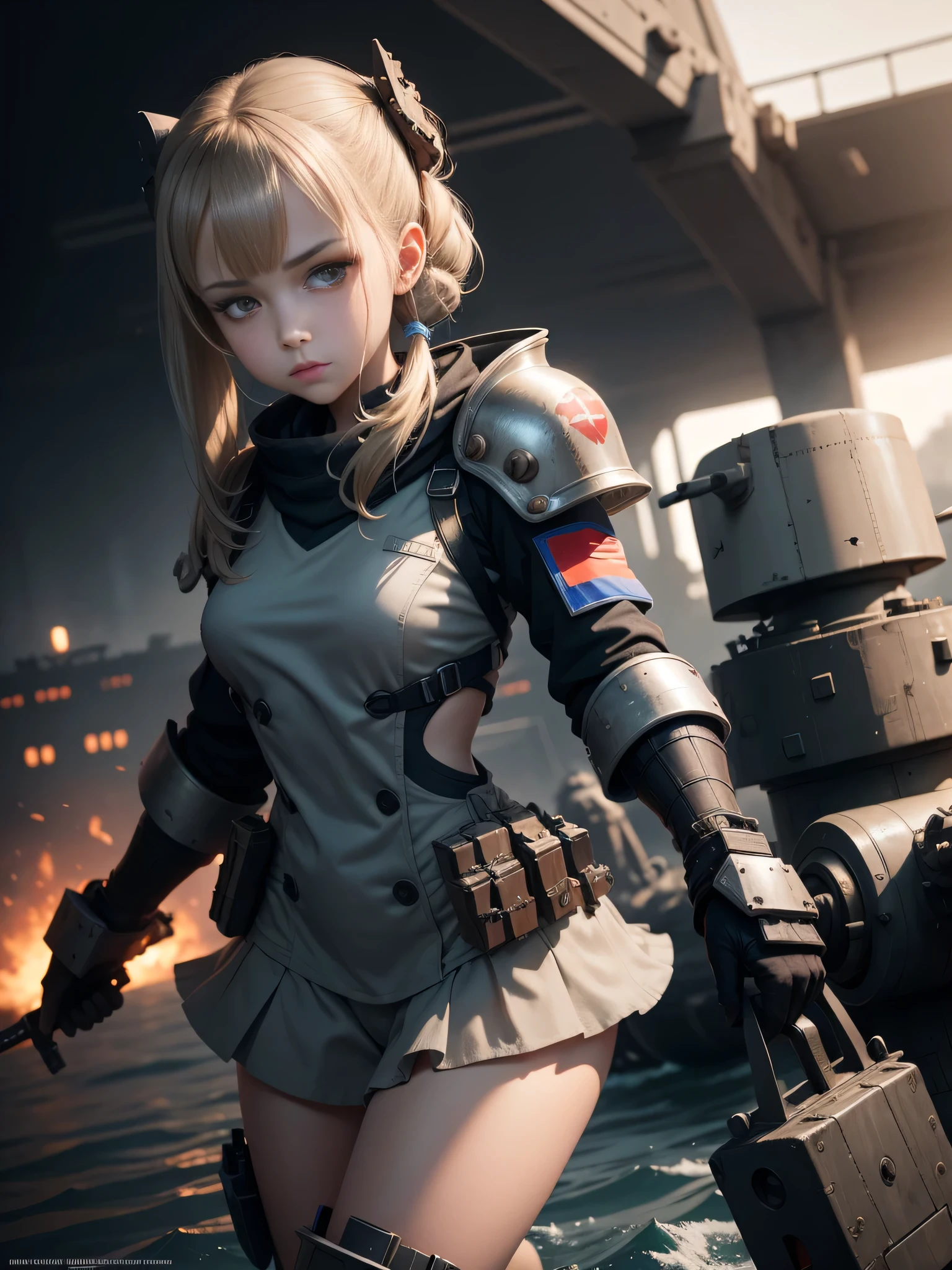 Destroyed aircraft carrier, russian girl , russian anime girls , Russian , Full body composition of young girl with messy short dark hair, eye make up, 13 year old,
Soft lighting, Solo,, badges, Pose, Blotch color, Octane Render, Hyperrealistic intricate detail, Cinematic, 8K resolution, 70mm, Accent Lighting, Global Illumination,
Full body portrait, clean detailed faces, poneyTail,Cute face,, Slim legs,Combat Armor,long court,Battleship Deck,