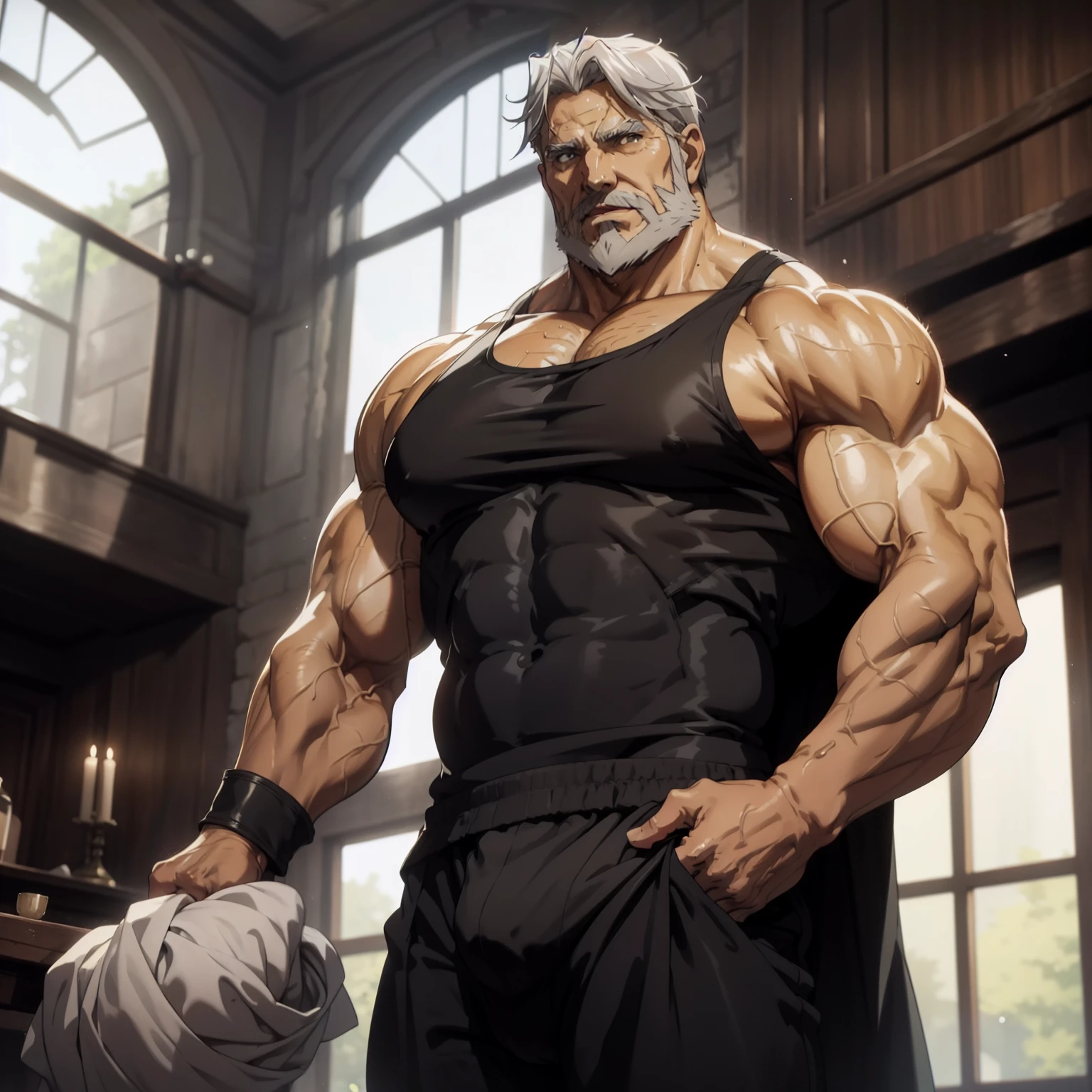 One sebas, one man, 1man, very lewd, Stately, lateral view, fully body, aged 50, short gray hair , thick gray beard, dark olive skin color, wide pectorals, huge pecs, sultry posing, he is in a castle, staring the viewer, wearing a super tight tank top and a speedo underwear, body soaking wet, large bulge in the groin, thick-thighs, Wonderful highly detailed masterpiece, beautiful cinematic light deep focus, chic, digitalpainting, seeds, sharp focus, golden ratio, dramatic lighting, 8K