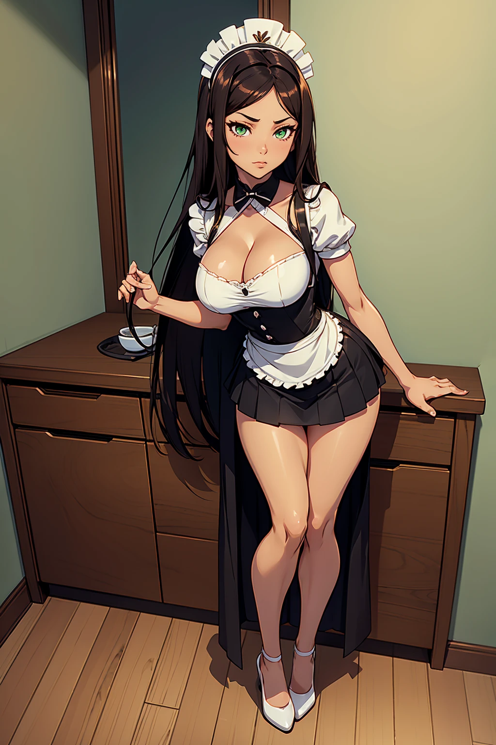 1woman(solo, full body view, frontal view, standing, hands folded in lap, facing camera), 30years old, ????, beautiful, latina, dark tanned skin, dark brown hair, long hair, straight hair, shiny hair, green eyes, big eyes, shy, slim build, very long legs, medium firm ???????, perfectly groomed, maid uniform(very short skirt, big cleavage, no panties), maid headdress, black heels, eye contact, minimalistic room(white walls, wooden floor, minimalistic furniture, lots of flowers), best resolution, best quality, high quality, anime, ?????, ??????

