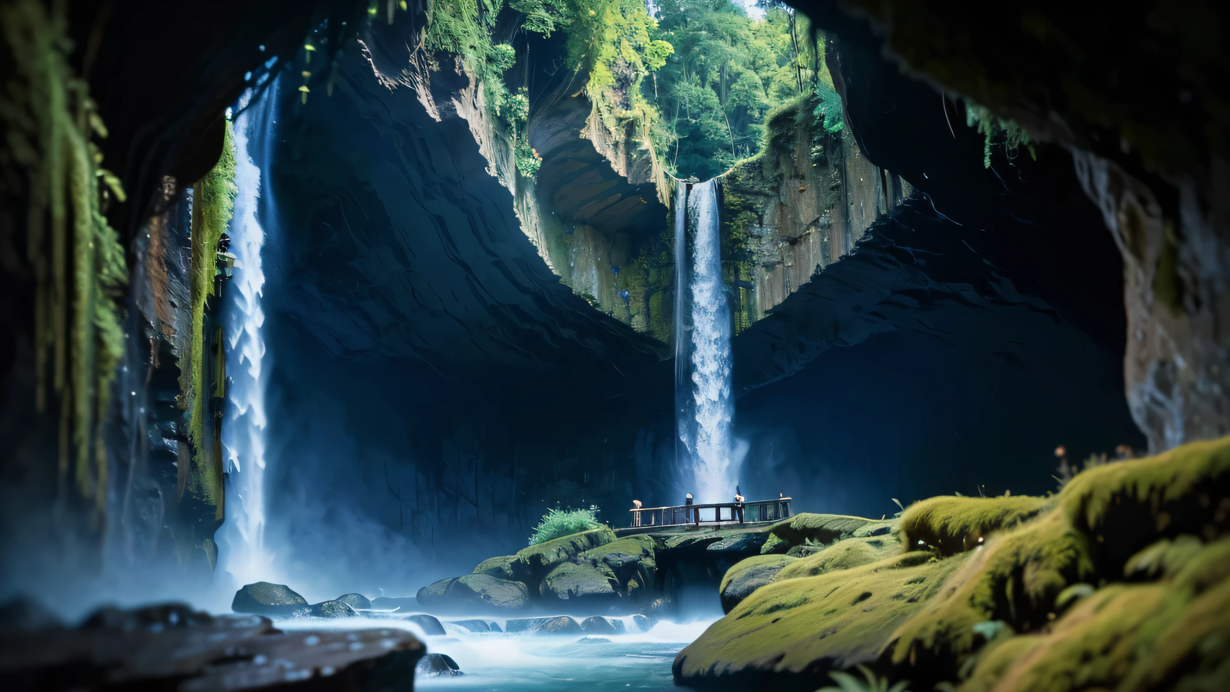 cinematic film still waterfall flowing over a giant cliff, HDR, 8K, shallow depth of field, vignette, highly detailed, high budget Hollywood film, bokeh, cinemascope, moody, epic, gorgeous, film grain