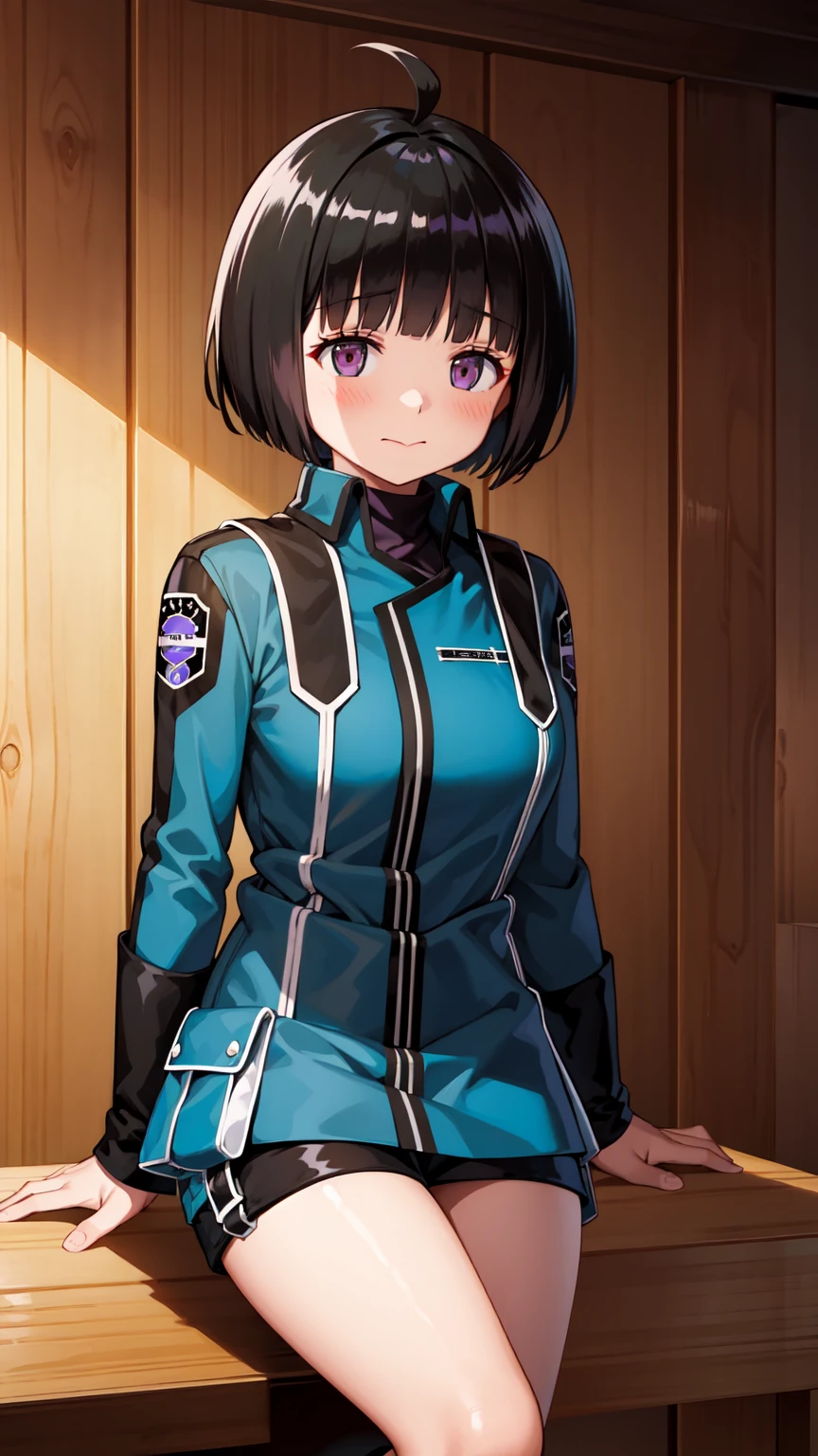 One Girl, alone, amateur_chika, short hair, Black Hair, Blunt bangs, Bobcut, Ahoge, Purple eyes, Long sleeve, Blue jacket, uniform, Black Shirt, turtleneck, Symbolism, Short black shorts, Black boots, , Cowboy Shot、Thighs、Black thigh-high boots、（（（黒のHigh heels）））whole body, face, high quality, masterpiece, 超High resolution, high quality, Attention to detail, 最high quality, High resolution、 blush, View your viewers, Cowboy Shot, indoor, bar、Sitting、足を組んでSitting、High heels