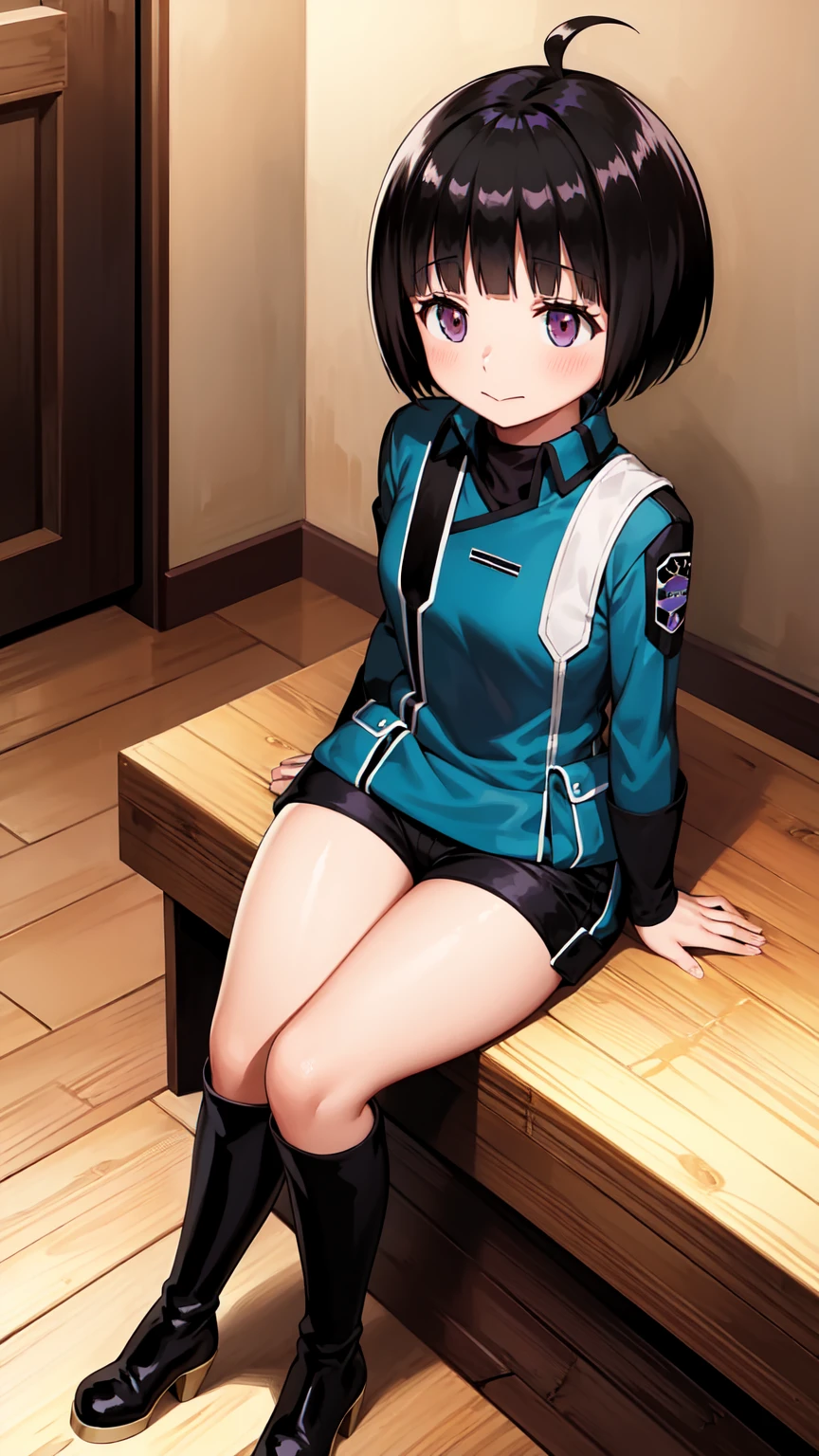 One Girl, alone, amateur_chika, short hair, Black Hair, Blunt bangs, Bobcut, Ahoge, Purple eyes, Long sleeve, Blue jacket, uniform, Black Shirt, turtleneck, Symbolism, Short black shorts, Black boots, , Cowboy Shot、Thighs、Black thigh-high boots、（（（黒のHigh heels）））whole body, face, high quality, masterpiece, 超High resolution, high quality, Attention to detail, 最high quality, High resolution、 blush, View your viewers, Cowboy Shot, indoor, bar、Sitting、足を組んでSitting、High heels