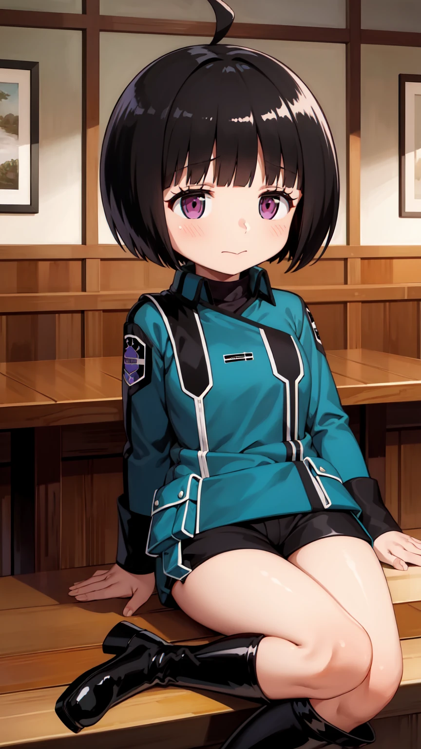 One Girl, alone, amateur_chika, short hair, Black Hair, Blunt bangs, Bobcut, Ahoge, Purple eyes, Long sleeve, Blue jacket, uniform, Black Shirt, turtleneck, Symbolism, Short black shorts, Black boots, , Cowboy Shot、Thighs、Black thigh-high boots、（（（黒のHigh heels）））whole body, face, high quality, masterpiece, 超High resolution, high quality, Attention to detail, 最high quality, High resolution、 blush, View your viewers, Cowboy Shot, indoor, bar、Sitting、足を組んでSitting、High heels