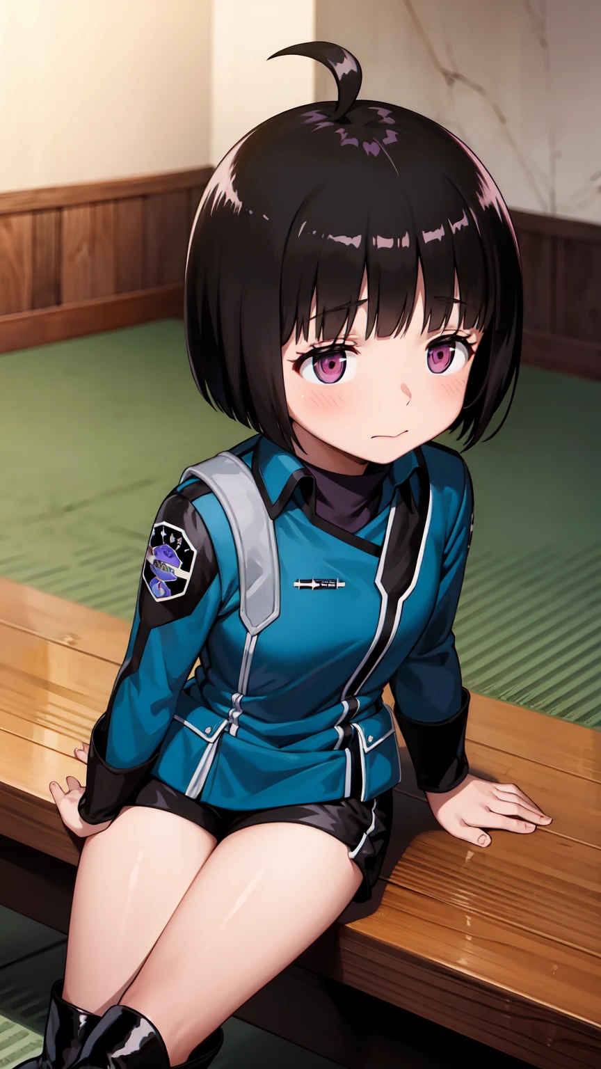 One Girl, alone, amateur_chika, short hair, Black Hair, Blunt bangs, Bobcut, Ahoge, Purple eyes, Long sleeve, Blue jacket, uniform, Black Shirt, turtleneck, Symbolism, Short black shorts, Black boots, , Cowboy Shot、Thighs、Black thigh-high boots、（（（黒のHigh heels）））whole body, face, high quality, masterpiece, 超High resolution, high quality, Attention to detail, 最high quality, High resolution、 blush, View your viewers, Cowboy Shot, indoor, bar、Sitting、足を組んでSitting、High heels