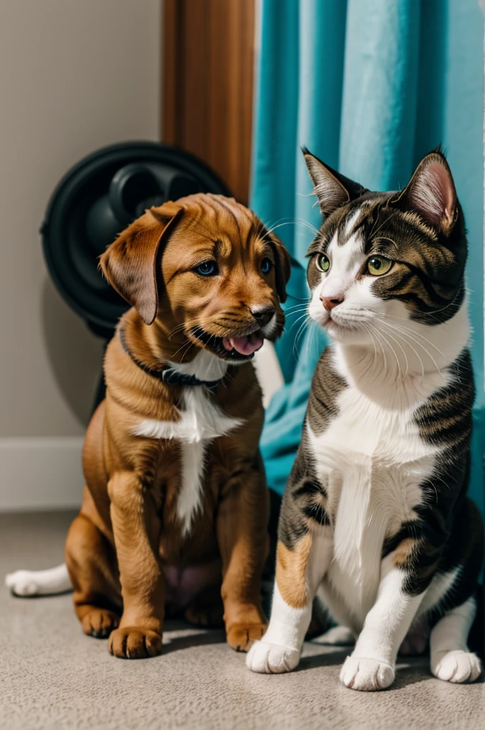 Puppy singing with a cat