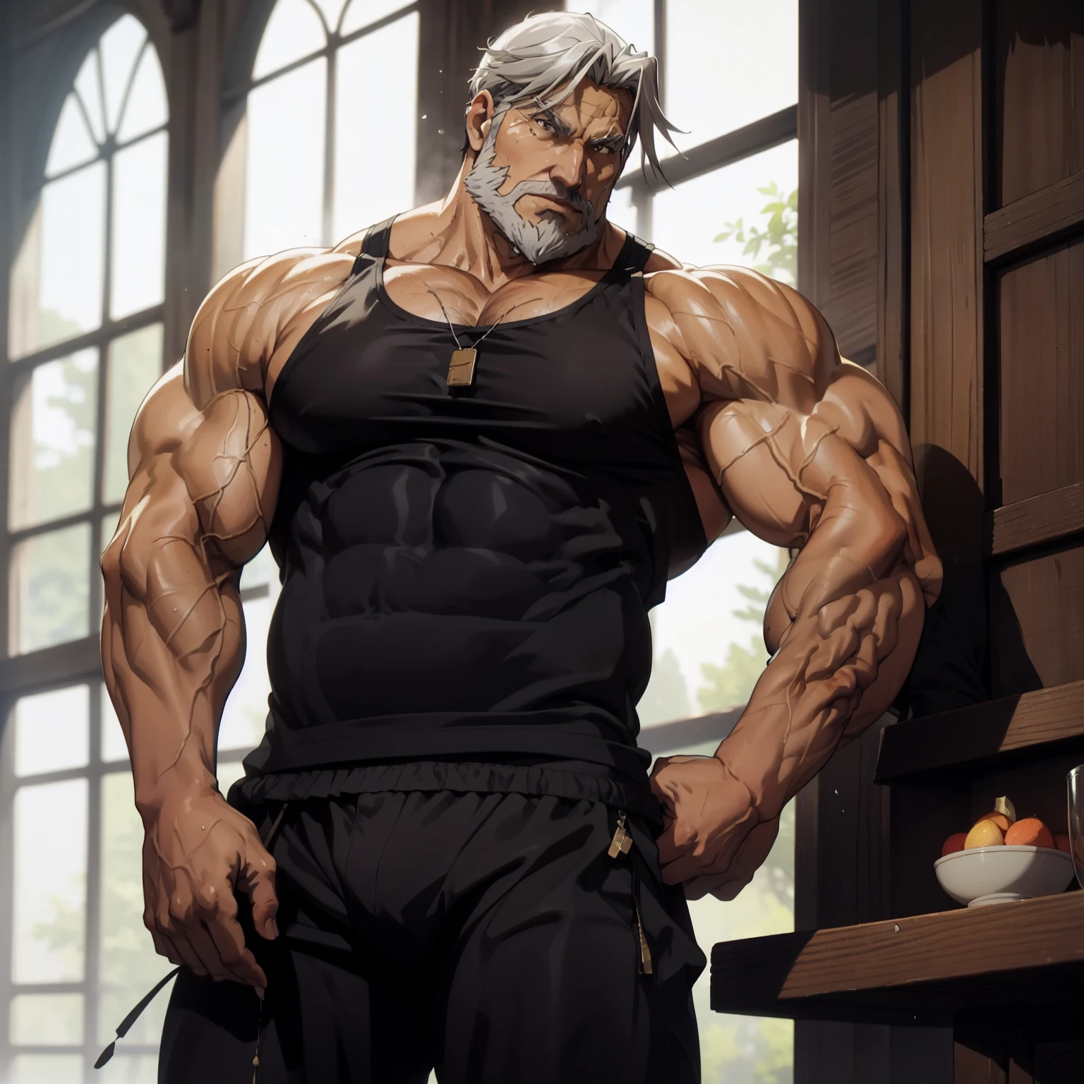 One sebas, one man, 1man, very lewd, Stately, lateral view, fully body, aged 50, short gray hair , thick gray beard, dark olive skin color, wide pectorals, huge pecs, sultry posing, he is in a castle, staring the viewer, wearing a super tight tank top and a speedo underwear, body soaking wet, large bulge in the groin, thick-thighs, Wonderful highly detailed masterpiece, beautiful cinematic light deep focus, chic, digitalpainting, seeds, sharp focus, golden ratio, dramatic lighting, 8K