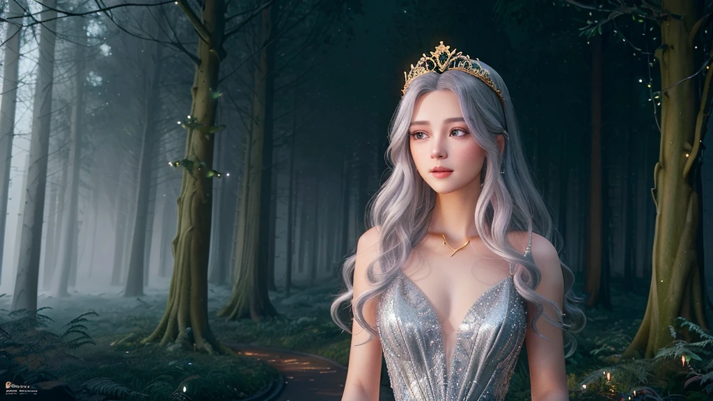  "A breathtakingly beautiful goddess with long, wavy silver hair, bright amethyst eyes, flawless porcelain skin, an elegant sheer flowing dress, a golden tiara with intricate details, in an enchanted misty forest. Highly detailed digital painting, octane render, soft cinematic lighting, ethereal dreamy atmosphere, artstation trending."