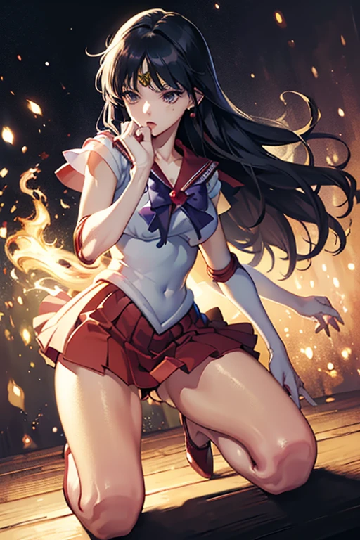 (Very detailed), (masterpiece), (Highest quality), (Super detailed), (Best illustrations), (Best Shadow), (Absurd), (Very detailed CG ユニティ 8k 壁紙), Break Girl, Mid-chest, Detailed hands, Sailor Mars,I'm injured、On one knee、Crippling、Her costume is torn and her skin is showing、Bleeding、enduring pain、Hands tied、Fighting Alone、