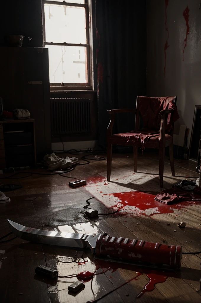 one severed leg was lying in the living room covered in blood on the floor with the lights very dim & there was a knife