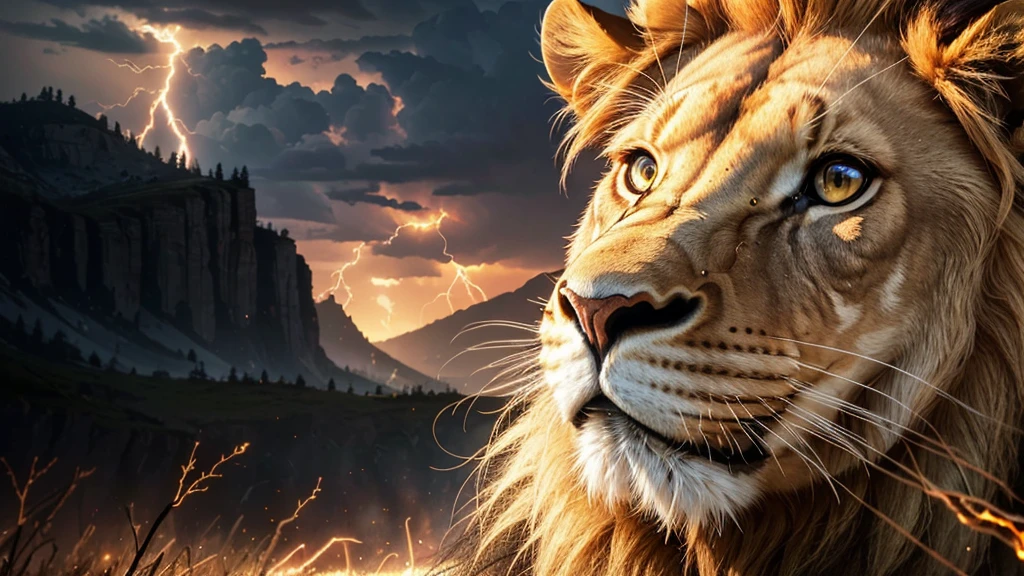Lion, Divine Lion, natural, Thunder Azul, Realistic Lion, rey, realistic detailed, realistic detailed 16K, Eletricidade Detalhada 8K, Texturas realistas de 8K, Cores photorrealistic 8K, fire azul, realistic detailed Fire Bolt, Black and Blue Power, Power of Thunder, Realistic Divine, gold Crown, golden crown, Golden Crown, naturey, Linda, Rendering, photorrealistic, UltraHigh definition, 4K, detailed textures, Thunder, detailed shadows, detailed colors, neon blue, blue light, lightning strikes, blue power, naturey Linda, Great Divine, blue light, Thunder Azuls, King Crown, lightning strike, Electric Power Screw, detailed contrast, realistic contrast, high resolution, detailed colors, fire, villany, divine creature, 8K, realistic detailed, 16K, 8K, High definition, detailed contrast, realistic contrast, high resolution, detailed colors, fire, 8K Realistic Sunset, villany, divine creature, 8K Realistic Lion Face, realistic detailed, chic,