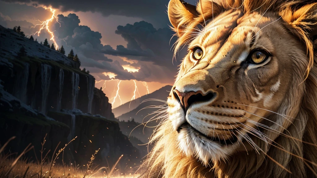 Lion, Divine Lion, natural, Thunder Azul, Realistic Lion, rey, realistic detailed, realistic detailed 16K, Eletricidade Detalhada 8K, Texturas realistas de 8K, Cores photorrealistic 8K, fire azul, realistic detailed Fire Bolt, Black and Blue Power, Power of Thunder, Realistic Divine, gold Crown, golden crown, Golden Crown, naturey, Linda, Rendering, photorrealistic, UltraHigh definition, 4K, detailed textures, Thunder, detailed shadows, detailed colors, neon blue, blue light, lightning strikes, blue power, naturey Linda, Great Divine, blue light, Thunder Azuls, King Crown, lightning strike, Electric Power Screw, detailed contrast, realistic contrast, high resolution, detailed colors, fire, villany, divine creature, 8K, realistic detailed, 16K, 8K, High definition, detailed contrast, realistic contrast, high resolution, detailed colors, fire, 8K Realistic Sunset, villany, divine creature, 8K Realistic Lion Face, realistic detailed, chic,