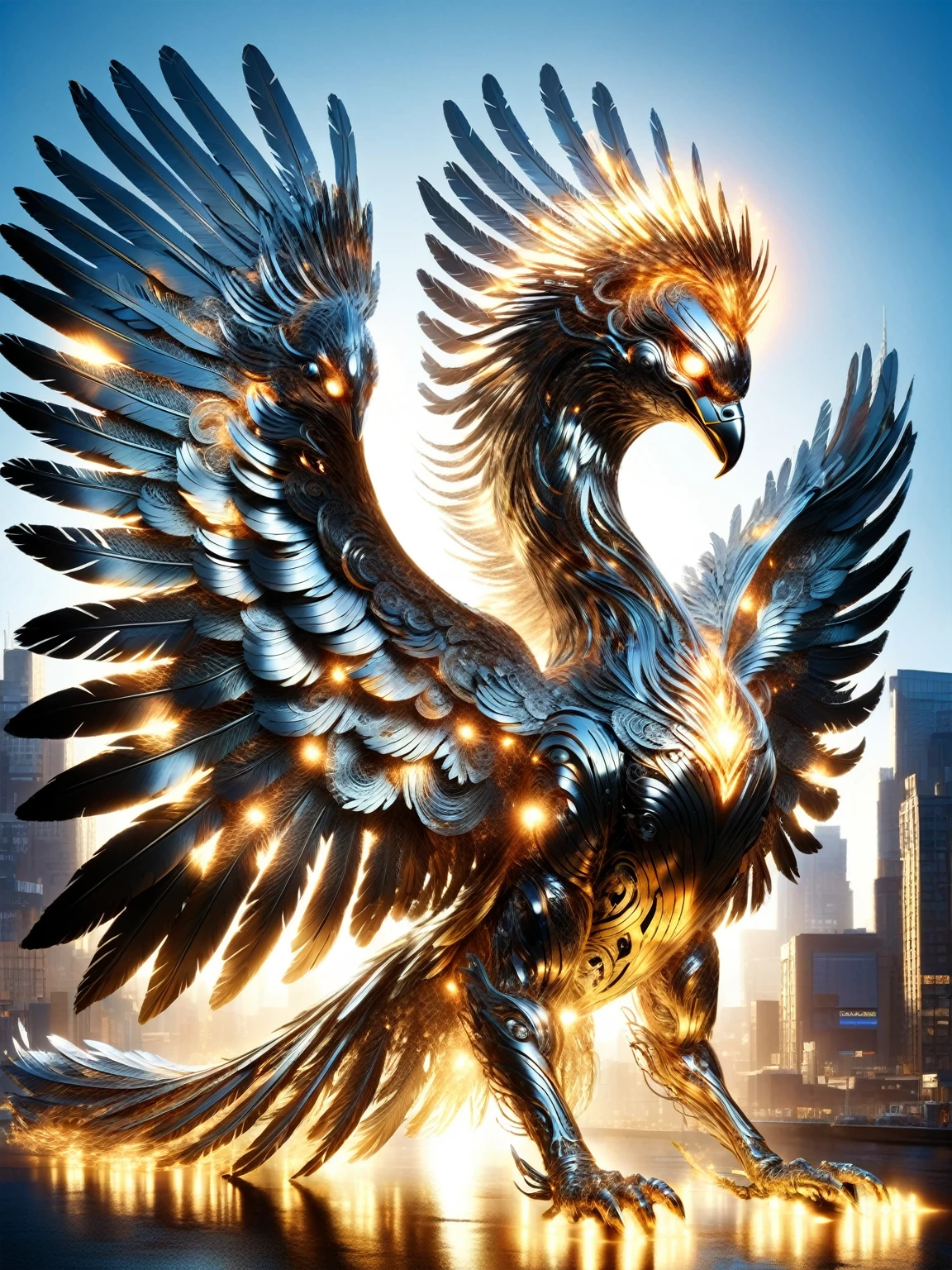 A majestic steel phoenix DonMSt33lM4g1cXL with a radiant magical glow, its feathers are an intricate array of shiny metal, Rising from the ashes in a cyberpunk cityscape 