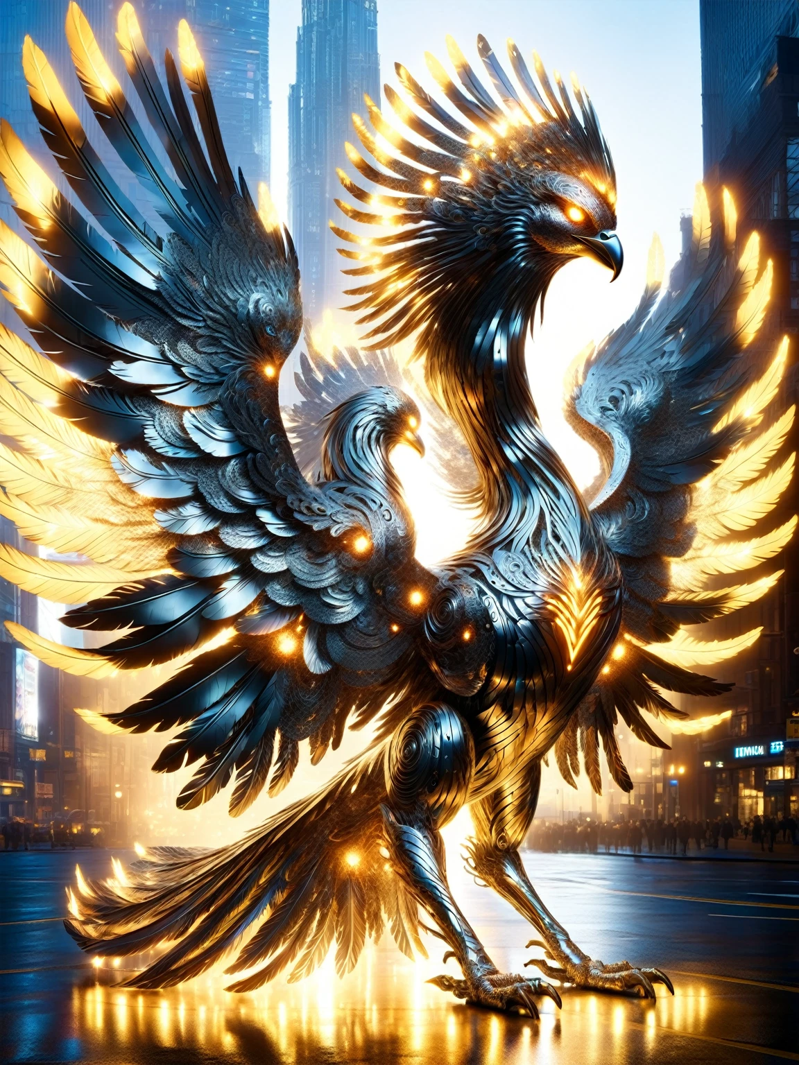 A majestic steel phoenix DonMSt33lM4g1cXL with a radiant magical glow, its feathers are an intricate array of shiny metal, Rising from the ashes in a cyberpunk cityscape 