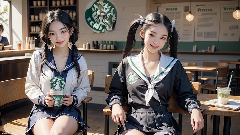 (masterpiece:1.2, Highest quality), (Realistic, photoRealistic:1.4), Beautiful illustrations, 
View your viewers, avert your eyes, whole body,
1 Girl, Japanese, high school girl, (Long Hair:1.4), bLong Hair, (Twin tails:1.7), Large Breasts:0.8, White skin、Beautiful Hair, Beautiful Face, Beautiful attention to detail, Beautiful clavicle, Beautiful body, Beautiful breasts, Beautiful thighs, Beautiful feet, 
(Beautiful views), , classroom, machine, Chair, 
((cute , Long sleeve, Pleated skirt, Sailor collar, scarf)), White panties, shoes, 
Sitting, Chairに座る, 
(魅惑的なsmile, Embarrassing, Trembling),

(((((Inside the Starbucks store、16 year old girl in sailor suit)))))、((((Eat cake、Drink coffee、smile))))、Heart Necklace((Emphasize cleavage))
(whole body写真)
