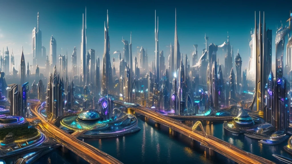 Fantasy cityscape showing futuristic year 2100