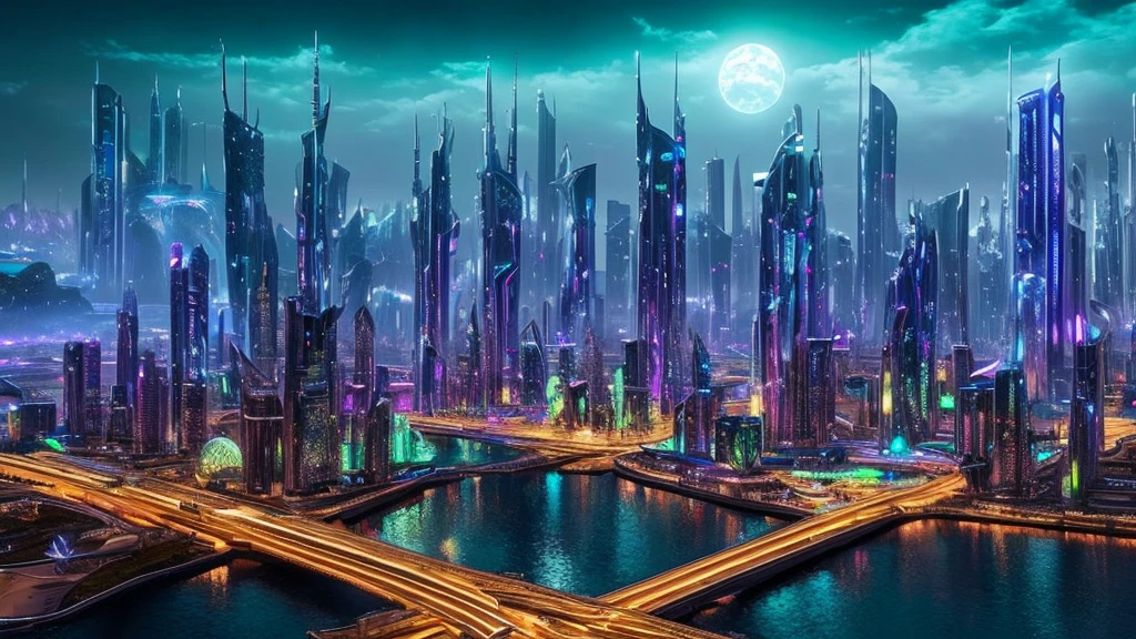 Fantasy cityscape showing futuristic year 2100