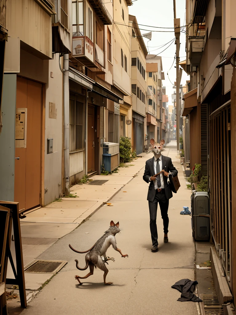bipedal rat, in old, torn clothes, with a briefcase going to work, in a poor neighborhood
